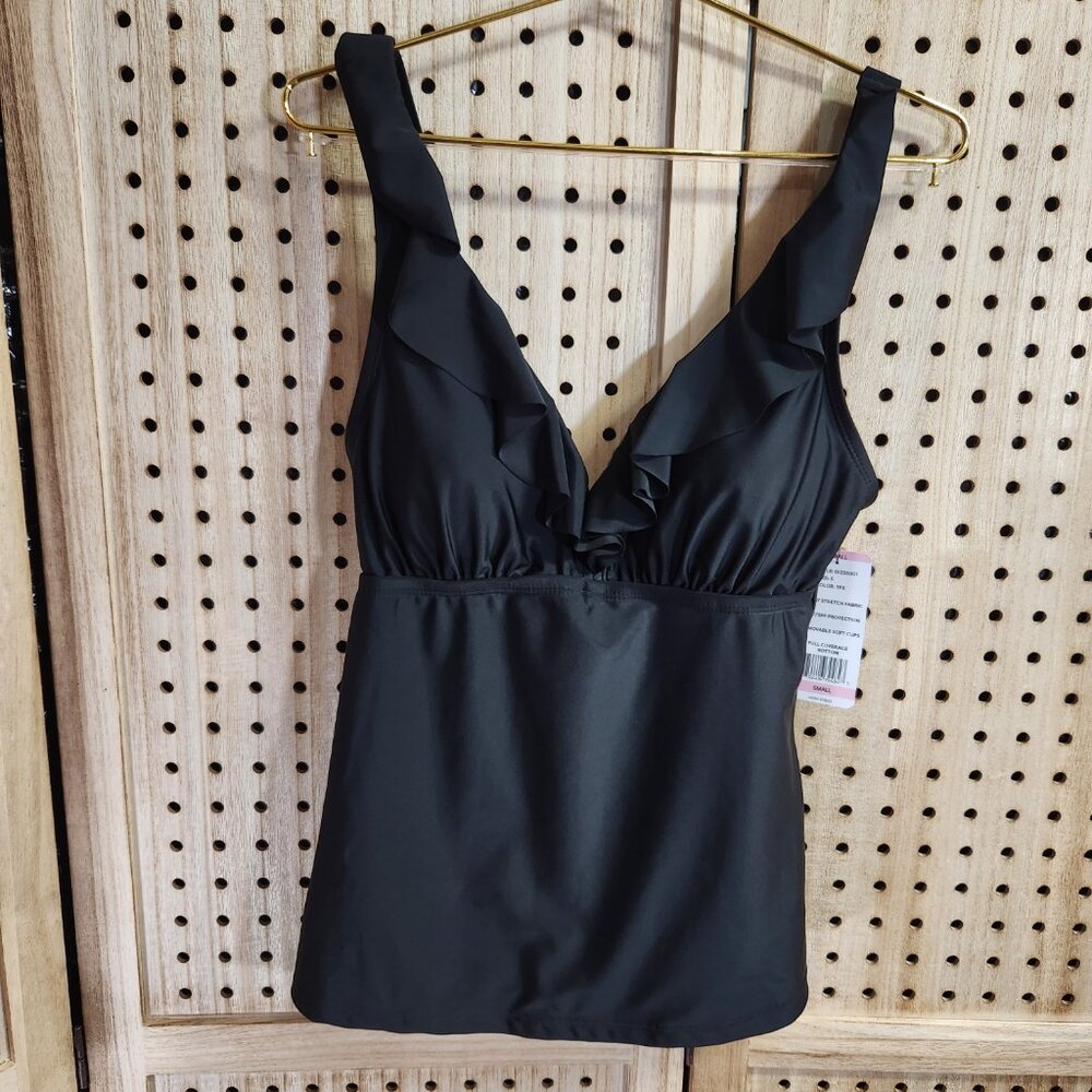 DKNY Ladies Ruffle Tankini TOP ONLY , NO BOTTOMS, Black Small NWT MSRP $118